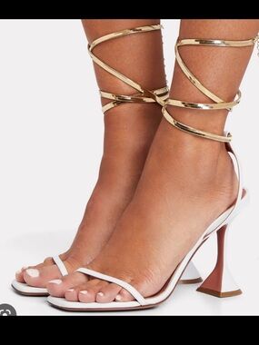 Amina Muaddi White Strappy Leather Heels with Gold Ankle Wrap